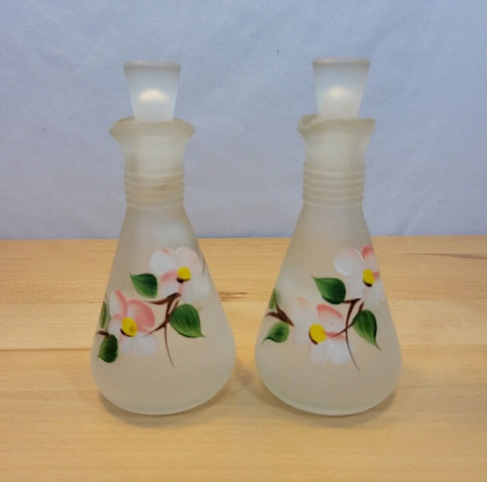 Pair Vintage Hand Painted Hazel Atlas Gay Fad Pink Flowers Cruets & Stoppers
